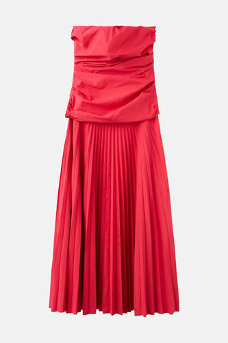 Rood mouwloos kleedje van MANGO met gerimpelde top en geplooide midi-rok.