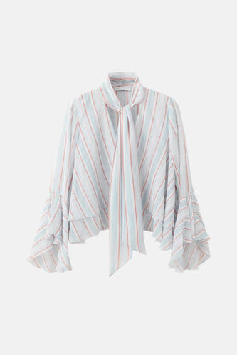 Multicolor gestreepte blouse met lange mouwen van MANGO, met strikhals en gelaagde klokmouwen.