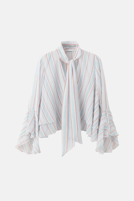 Multicolor gestreepte blouse met lange mouwen van MANGO, met strikhals en gelaagde klokmouwen.