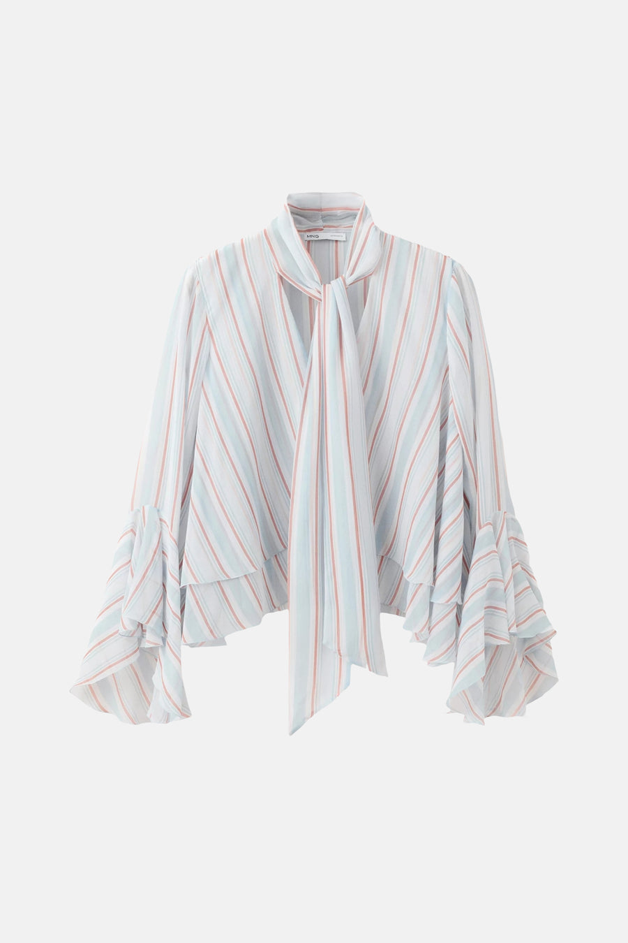 Multicolor gestreepte blouse met lange mouwen van MANGO, met strikhals en gelaagde klokmouwen.