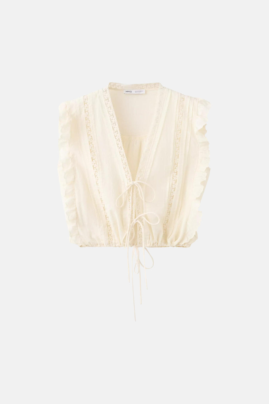 Beige mouwloze blouse van MANGO met kantdetails en ruches aan de zijkanten, voorzien van strikvoering aan de voorkant, front view.
