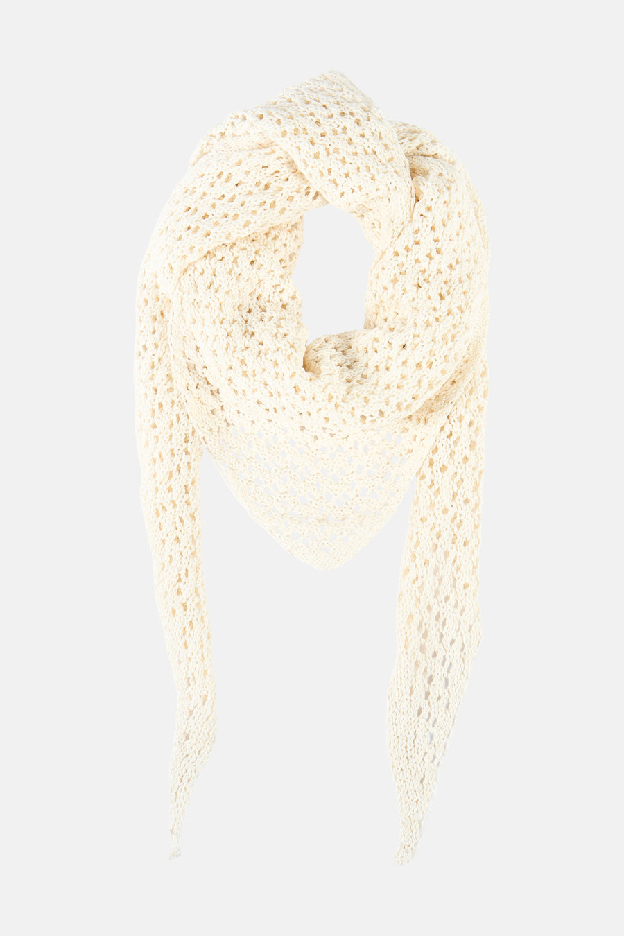 Écharpe d'hiver couleur écru de MANGO avec motif en maille ajourée et texture douce.
