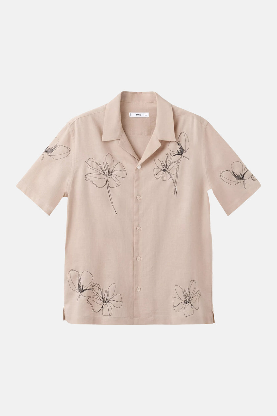 Beige hemd met korte mouwen van MANGO, met zwarte bloemen schetsen en een camp collar.