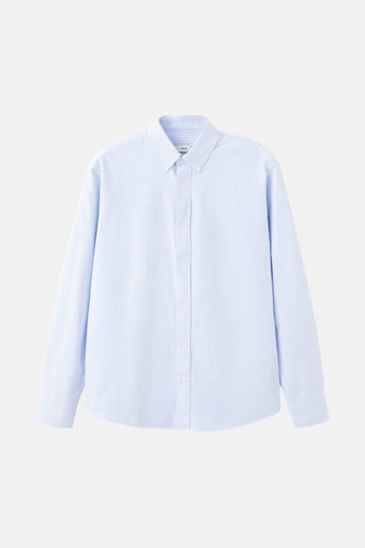 Blauw gestreept overhemd met lange mouwen van MANGO, met een knoopsluiting aan de voorkant.