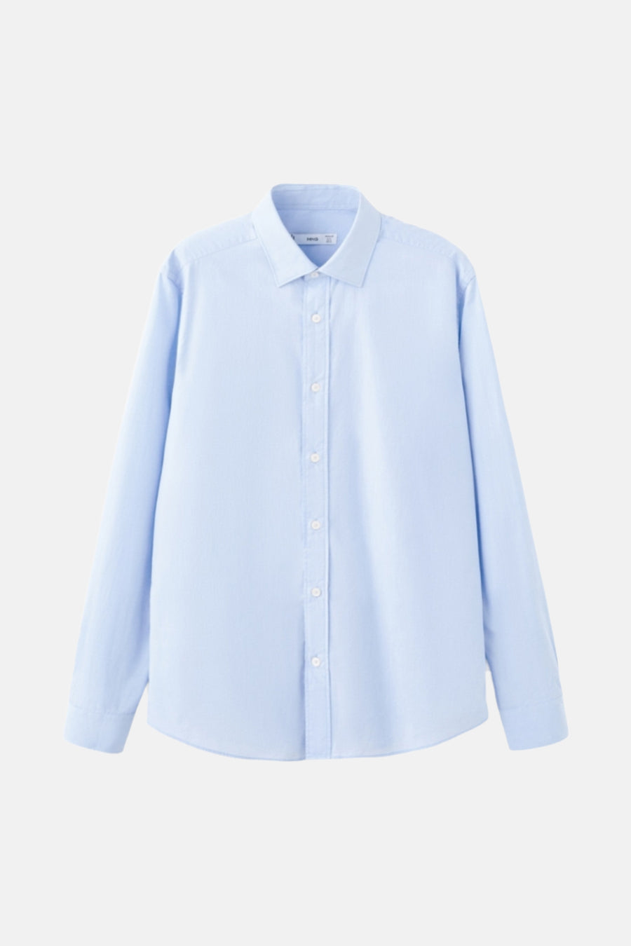 Chemise bleue à manches longues de MANGO, tissu uni avec des boutons blancs.