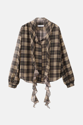 Multikleurige blouse met lange mouwen van MANGO, met een ruitpatroon en ruches aan de voorkant.