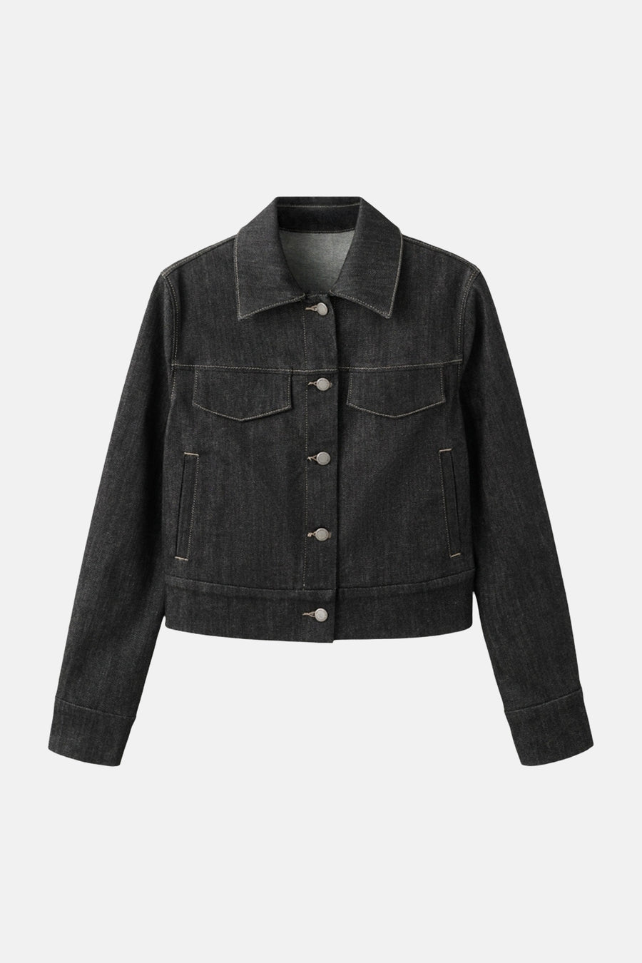 Donker denim jeansjas van MANGO, met lange mouwen, knoopsluiting en borstzakken.
