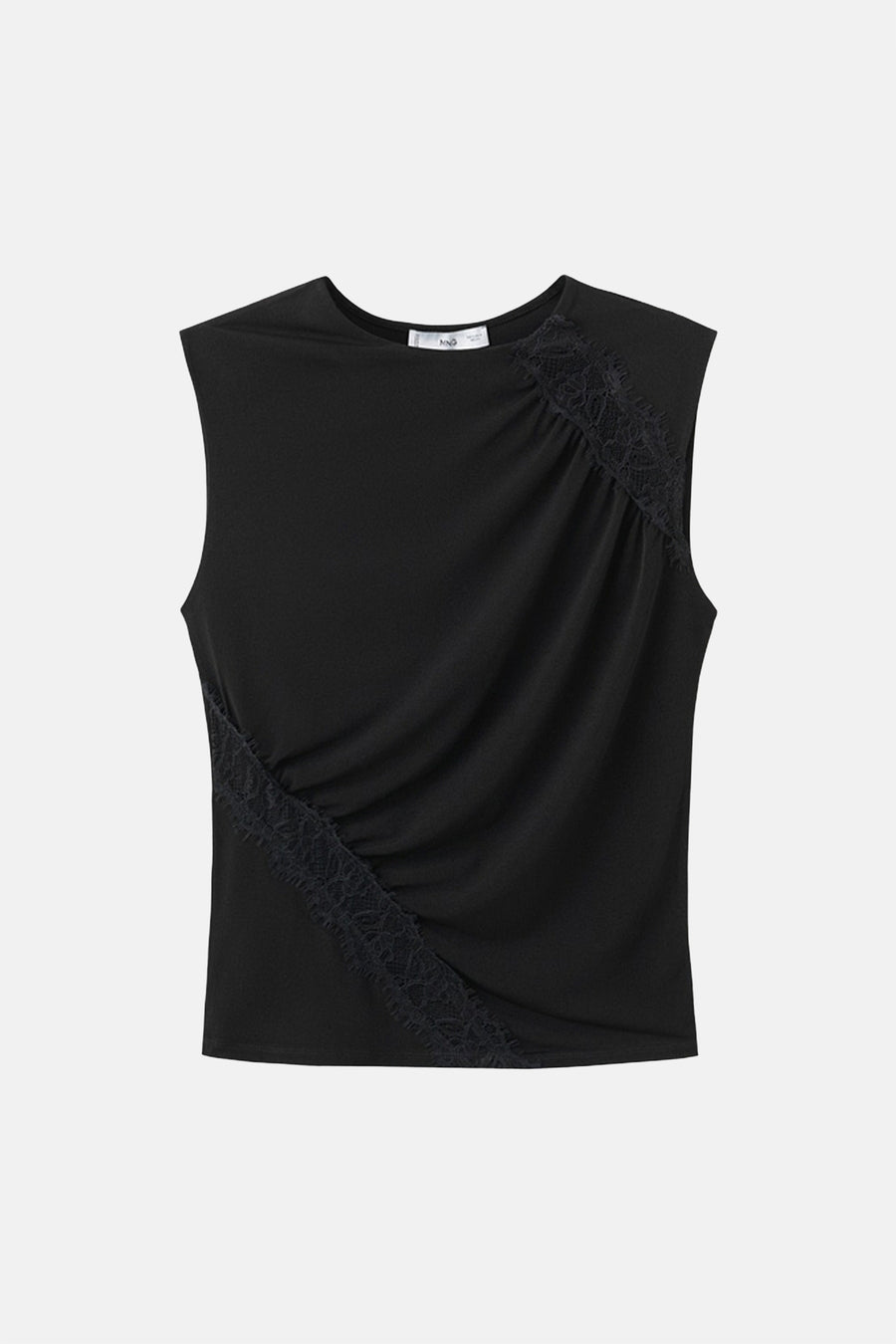 Chemisier noir sans manches de MANGO, avec plis croisés et détails en dentelle.