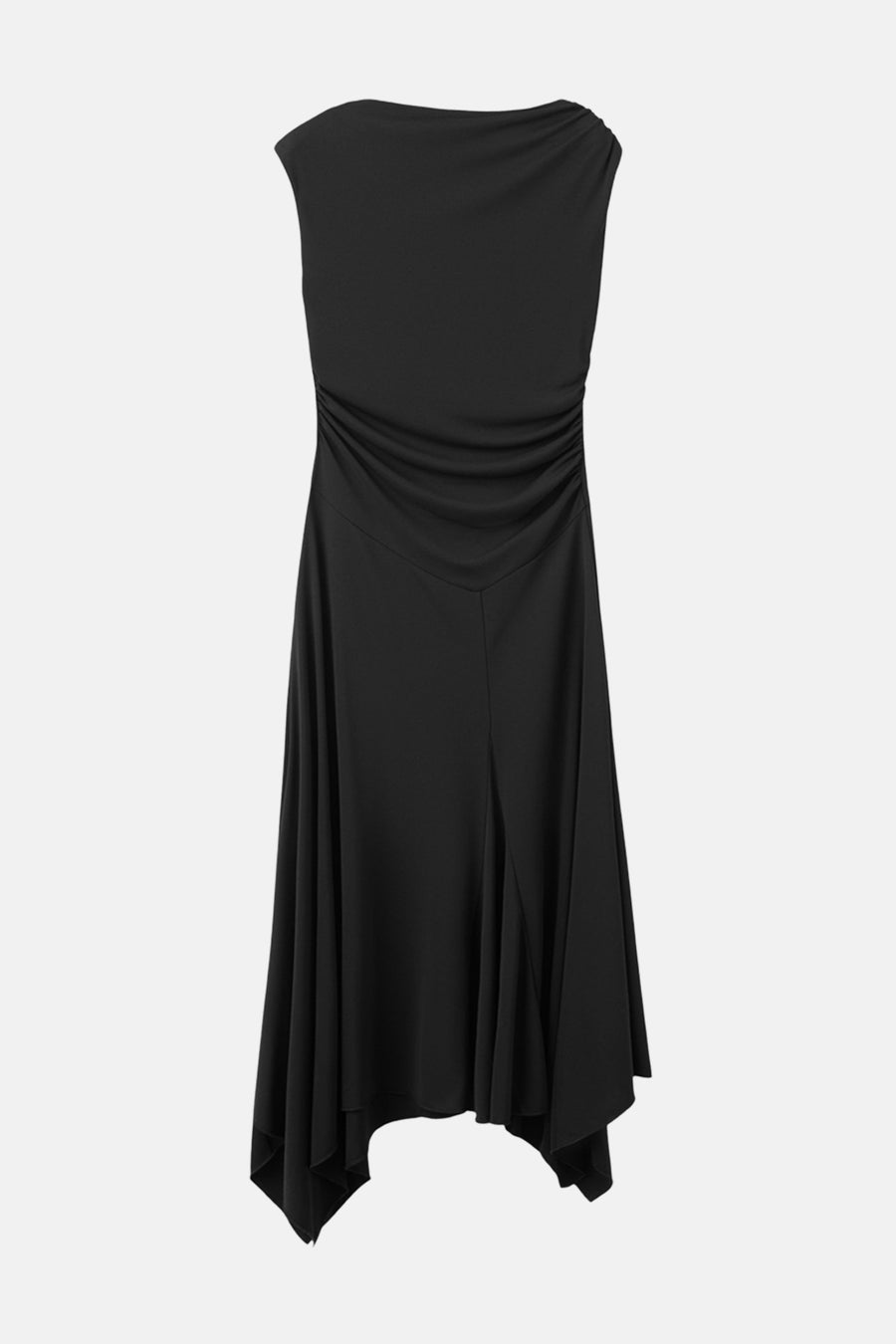 Robe noire sans manches de MANGO, avec des détails drapés et un ourlet asymétrique.