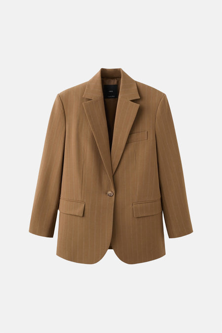 Bruine blazer van MANGO met krijtstreepmotief, een knoopsluiting en zakken.