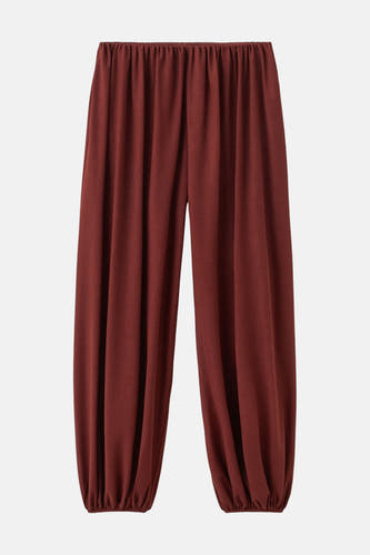 Bruine broek van MANGO, met elastische tailleband en gerimpelde pijpen.
