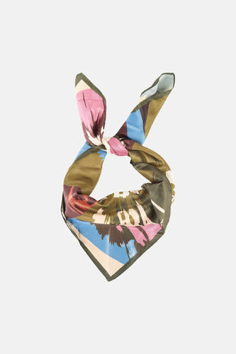 Écharpe multicolore de MANGO, avec un motif floral abstrait dans des tons de rose, bleu et marron.