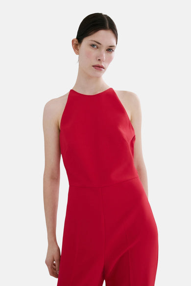 Rode jumpsuit van MANGO, met een halternek en een effen, gladde afwerking.