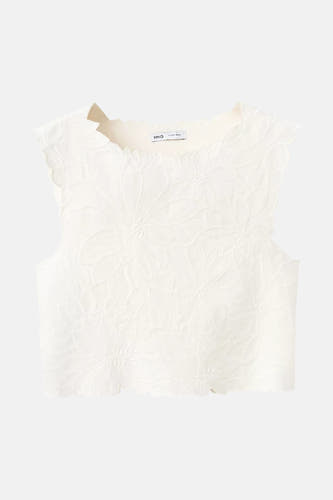 Wit mouwloos T-shirt van MANGO met geschulpte randen en reliëf bloempatroon.