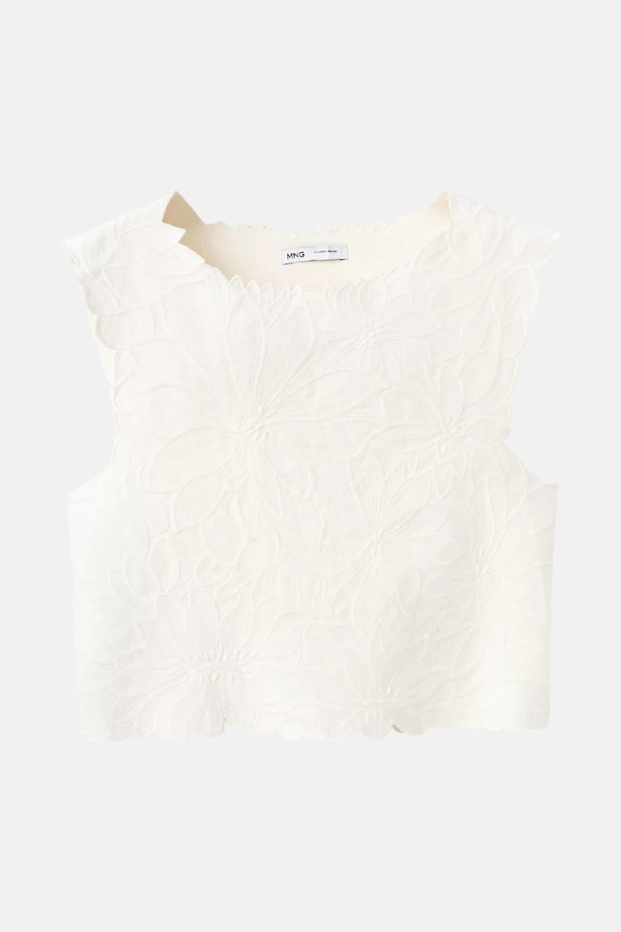 Wit mouwloos T-shirt van MANGO met geschulpte randen en reliëf bloempatroon.