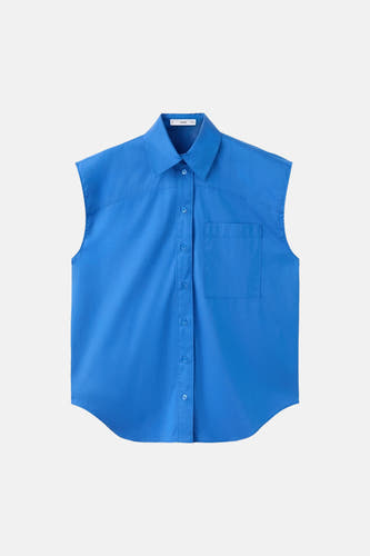 Blauw mouwloos hemd van MANGO met kraag, knoopsluiting, borstzak en afgeronde zoom.