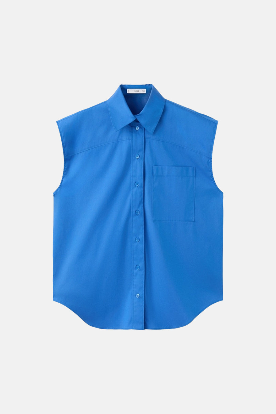 Blauw mouwloos hemd van MANGO met kraag, knoopsluiting, borstzak en afgeronde zoom.