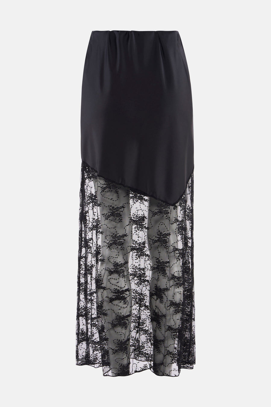 Zwarte, asymmetrische rok met kanten details.