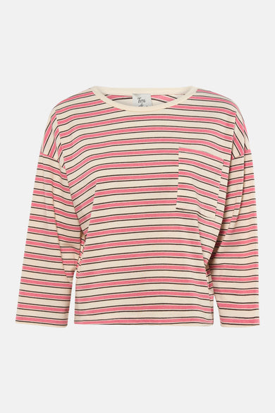 Roze T-shirt met lange mouwen van Terra di Siena, met gestreept patroon en borstzak.