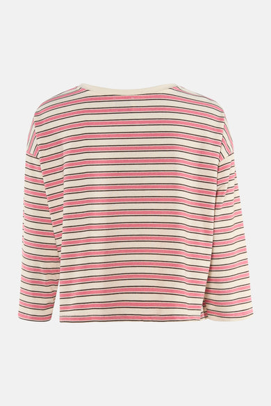 Roze T-shirt met lange mouwen van Terra di Siena, met een gestreept patroon in roze, crème en zwart.