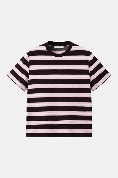 Multikleurig T-shirt met korte mouwen van MANGO, met horizontale roze en bruine strepen.