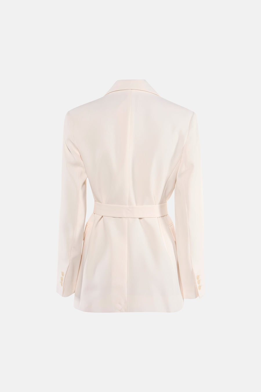 Ecru blazer van MANGO, met lange mouwen, reverskraag en een ceintuur in dezelfde kleur.
