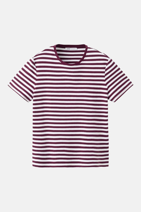 T-shirt à manches courtes Bordeaux de MANGO, avec un motif rayé bordeaux et blanc.