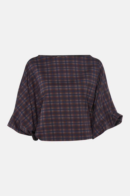 Blauwe blouse met 3/4 mouw van Terra di Siena, geruit patroon, losse pasvorm, vooraanzicht