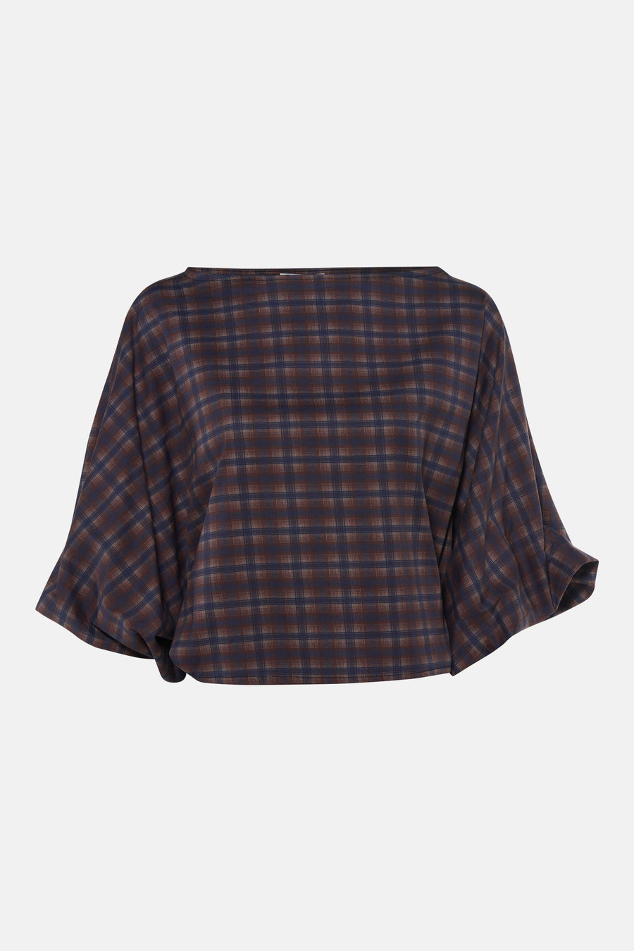 Blauwe blouse met 3/4 mouw van Terra di Siena, geruit patroon, losse pasvorm, vooraanzicht