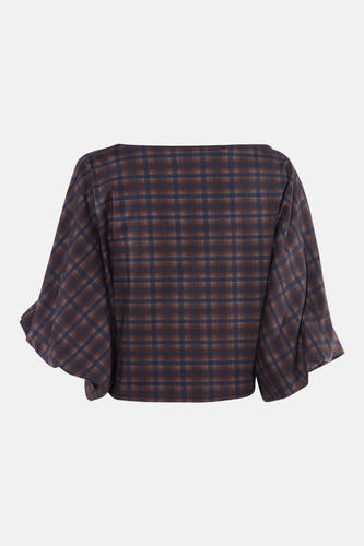 Blauwe blouse met 3/4 mouw van Terra di Siena, geruit patroon, losse pasvorm, achterzijde weergegeven