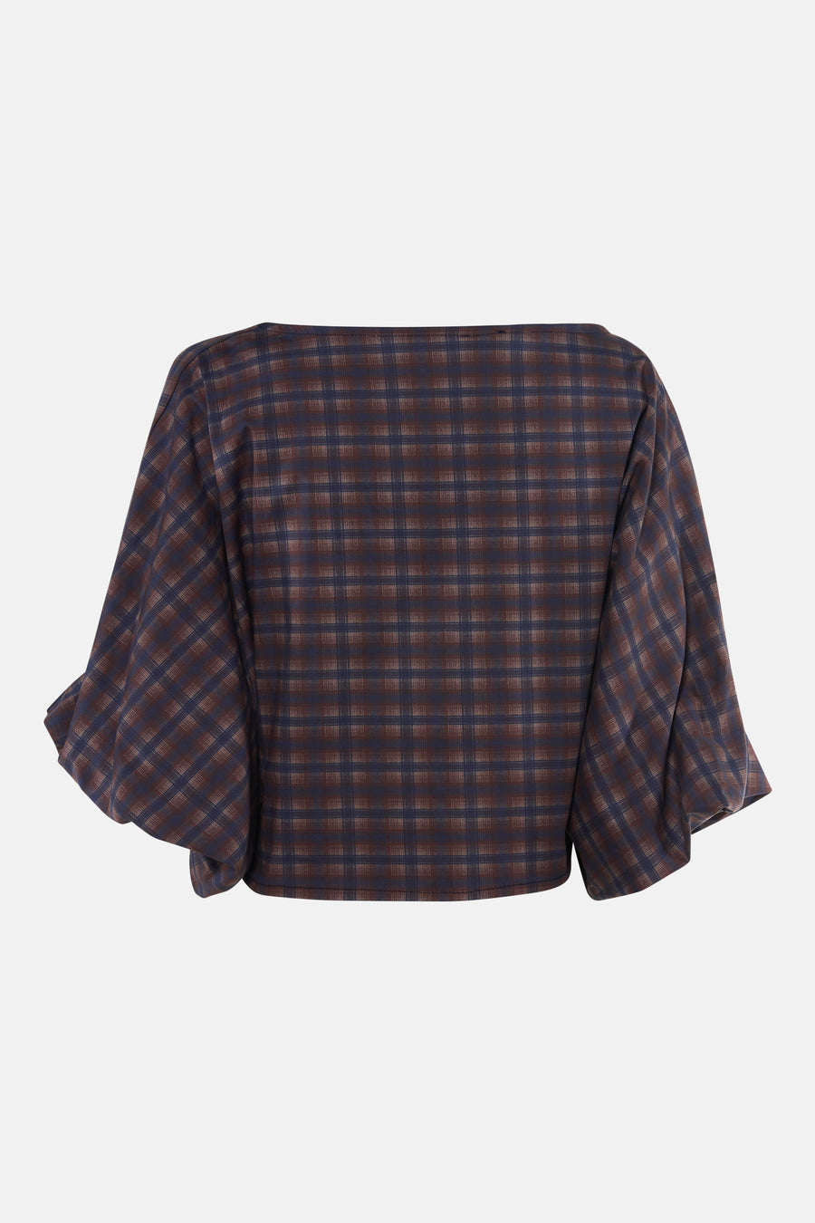 Blauwe blouse met 3/4 mouw van Terra di Siena, geruit patroon, losse pasvorm, achterzijde weergegeven