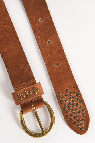 Bruine leren riem van Legend, afgewerkt met sierlijke bronzen studs en een glanzende gouden gesp.
