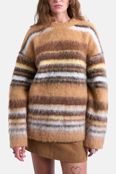 Multikleurige trui met ronde hals van TOPSHOP, met horizontale strepen in bruintinten, wit en geel.
