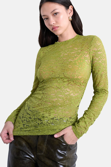 Groene longsleeve van TOPSHOP met bloemenkantpatroon en lange mouwen.