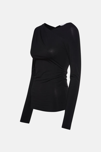 Zwart T-shirt met lange mouwen van TOPSHOP, met gedrapeerde details aan de voorkant.
