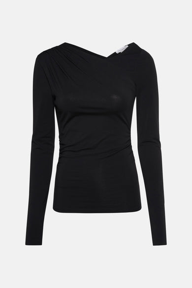 Zwart T-shirt met lange mouwen van TOPSHOP, met asymmetrische halslijn en gedrapeerde details.
