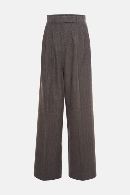 Grijze broek van TOPSHOP met een visgraatpatroon en wijde pijpen.
