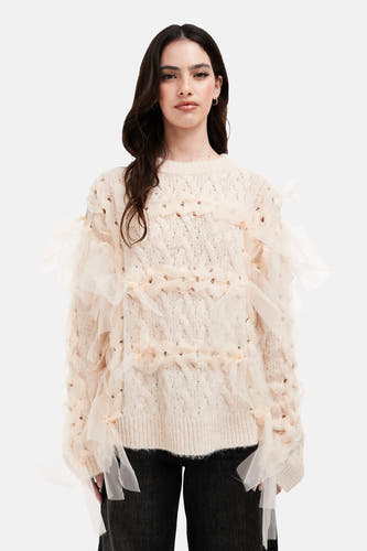 Ecru trui met ronde hals van TOPSHOP, versierd met ruches en opengewerkte details.