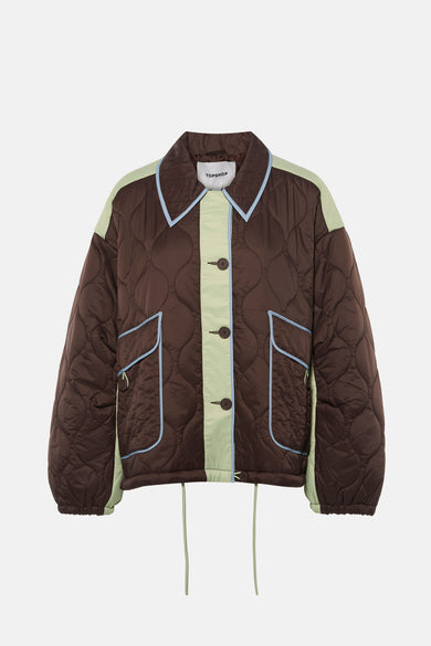 Bruine korte jas van TOPSHOP, met ruitstiksel, lichtblauwe randen en details in mintgroen.