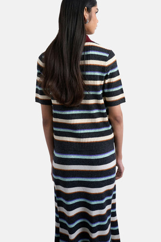 Multikleurige polo met korte mouwen van TOPSHOP, met horizontale strepen en een rode kraag.