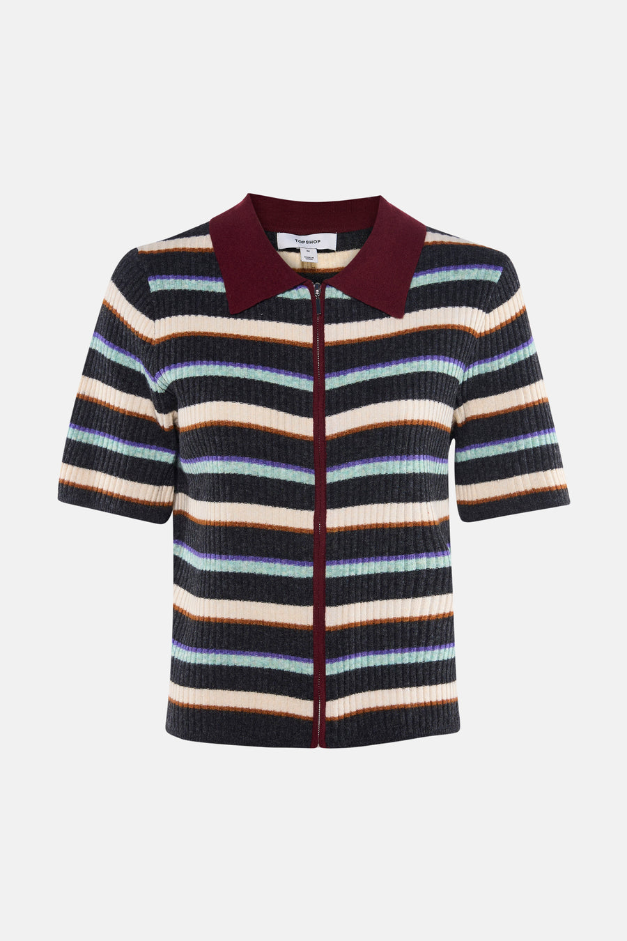 Multicolor polo met korte mouwen van TOPSHOP, met gestreepte patronen en een contrasterende kraag en ritssluiting.
