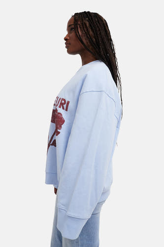 Blauwe sweater van TOPSHOP, met rode opdruk van een bloem en deels zichtbare blauwe jeans.
