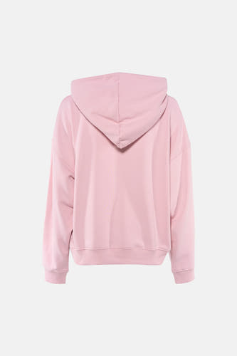 Roze sweater met kap van TOPSHOP, rugzijde getoond, met geribbelde zoom en manchetten.