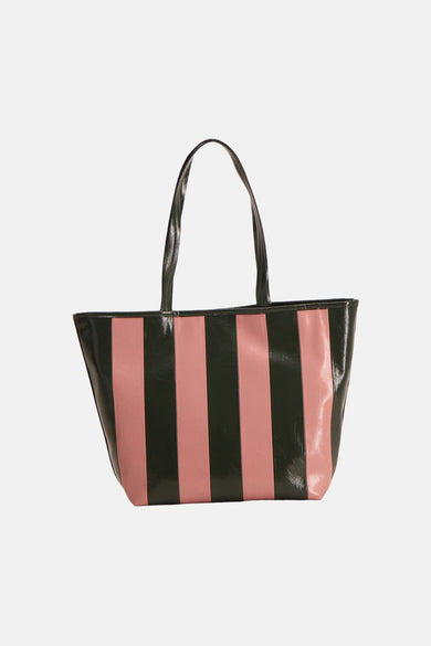 Roze schoudertas van TOPSHOP met glanzende, donkergroene en roze verticale strepen.