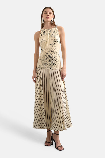 Robe écru sans manches de TOPSHOP, avec imprimé fleuri et rayures verticales sur la jupe.