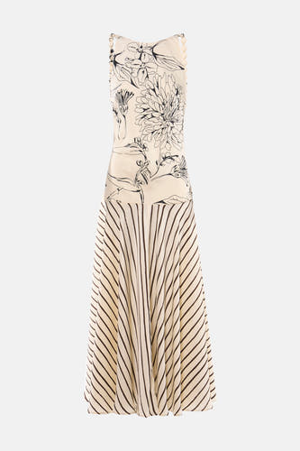 Robe sans manches écru de TOPSHOP avec imprimé fleurs noires, jupe rayée et petits pois le long de l'encolure.
