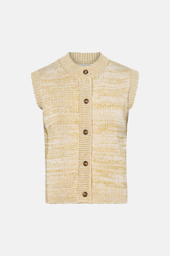 Gilet jaune de TOPSHOP avec boutons marron et une texture tricotée.