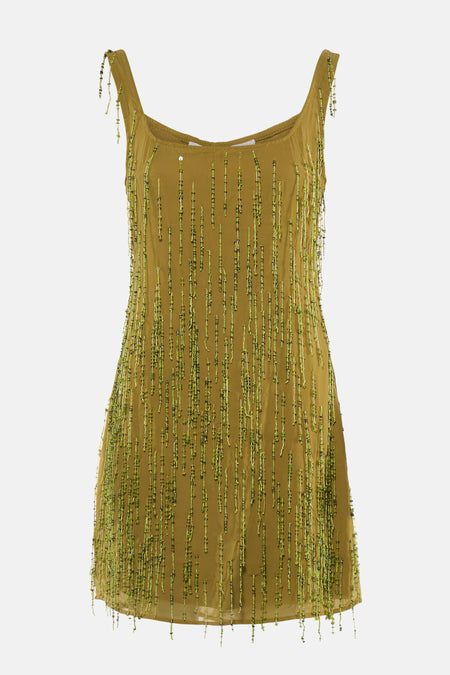 Robe verte sans manches de TOPSHOP, ornée de rangées verticales de perles et de paillettes vertes.