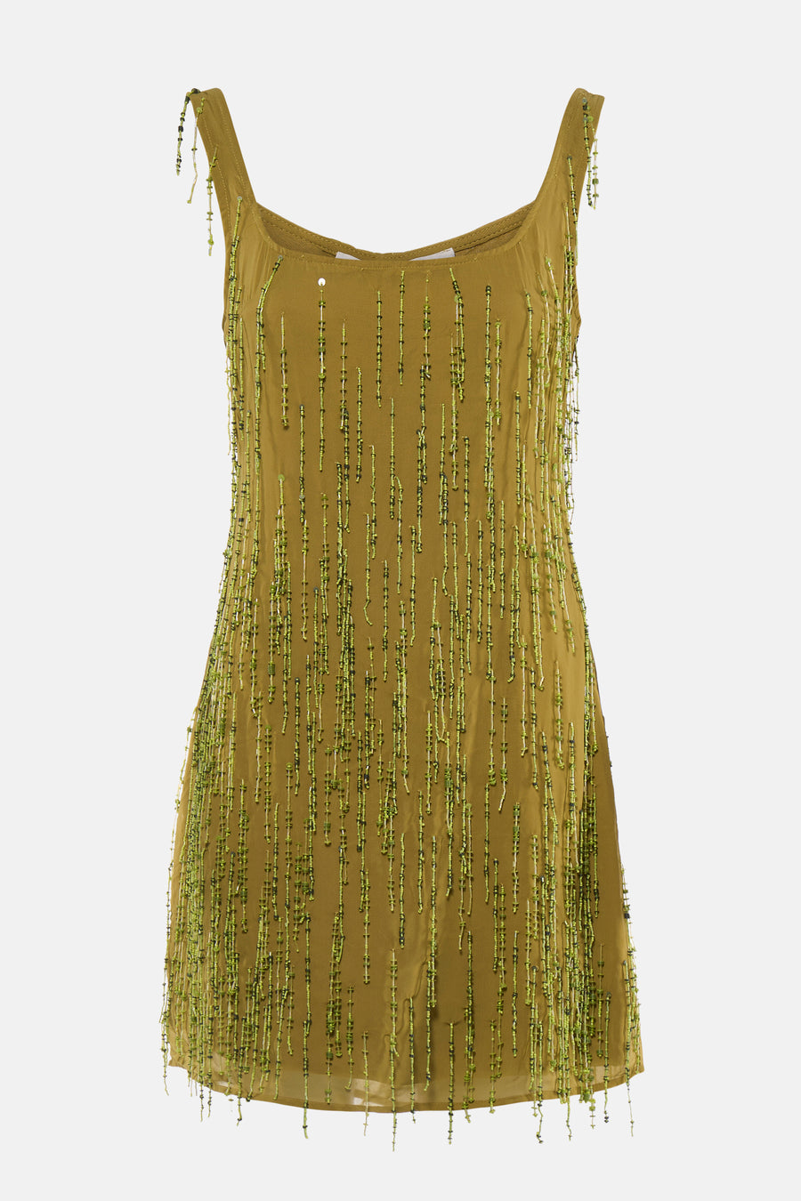 Mouwloos groen kleedje van TOPSHOP, versierd met verticale rijen groene kralen en pailletten.