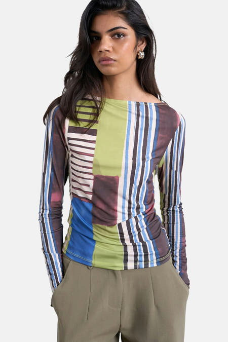 Multikleurig T-shirt met lange mouwen van TOPSHOP, met een opvallend gestreept en blokkenpatroon.